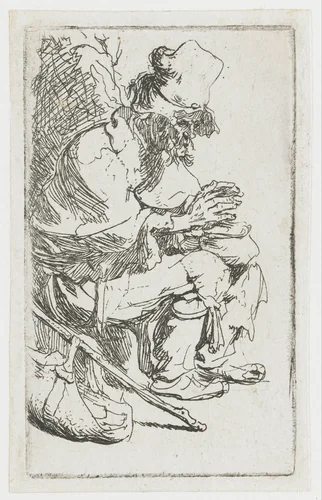 Bedelaar die zijn handen warmt by Rembrandt van Rijn, print, 1630