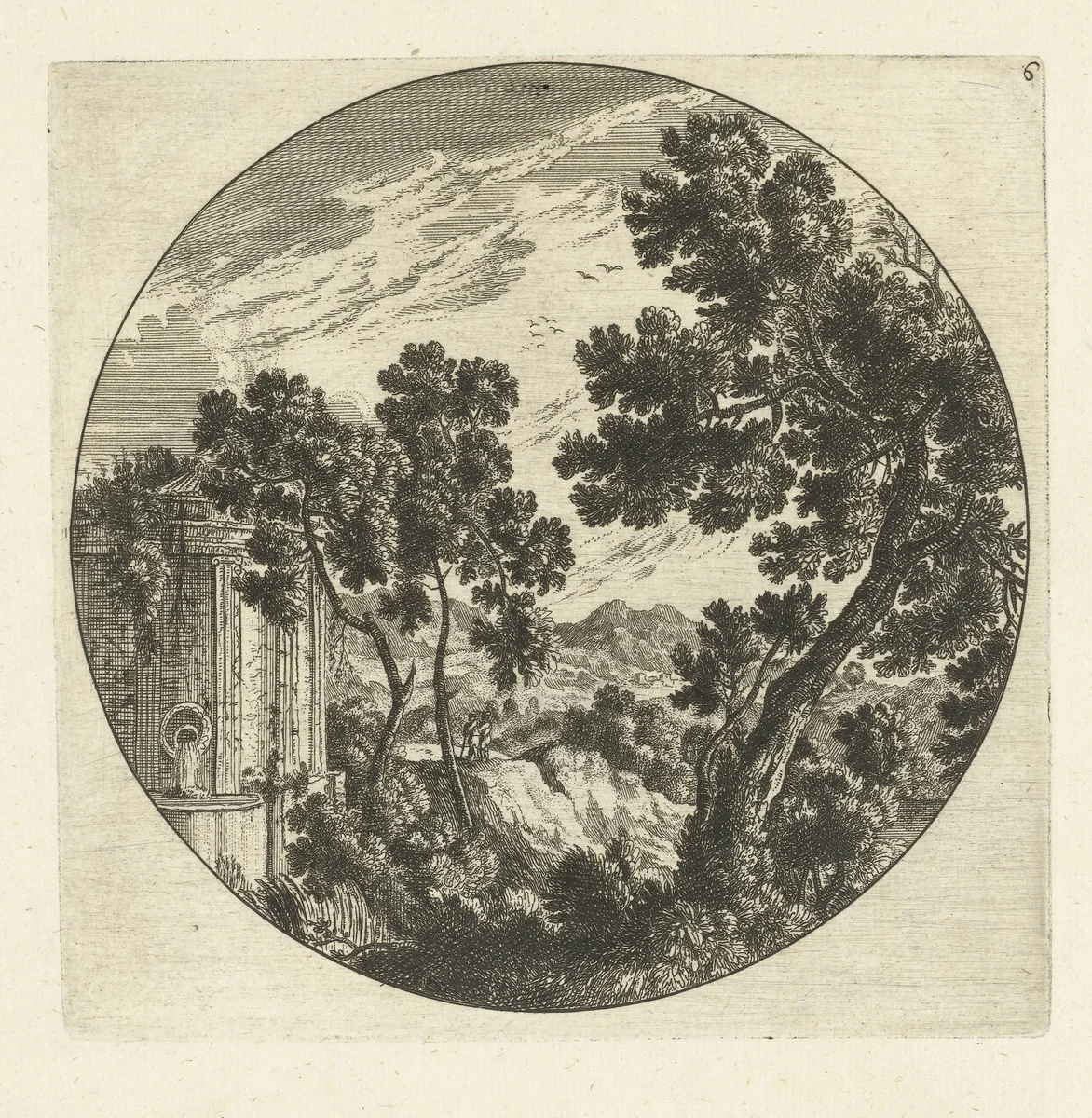 Zuidelijk berglandschap met bomen en bron in rond kader by Cornelis Danckerts, print, 1613-1656