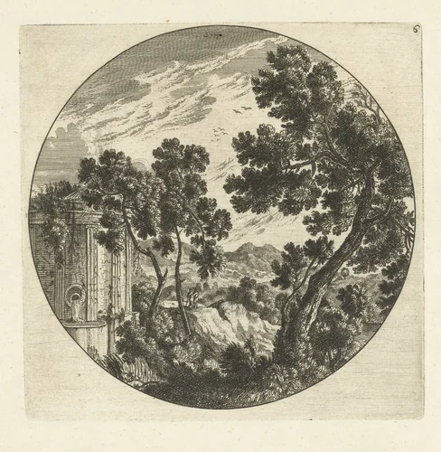 Zuidelijk berglandschap met bomen en bron in rond kader by Cornelis Danckerts, print, 1613-1656