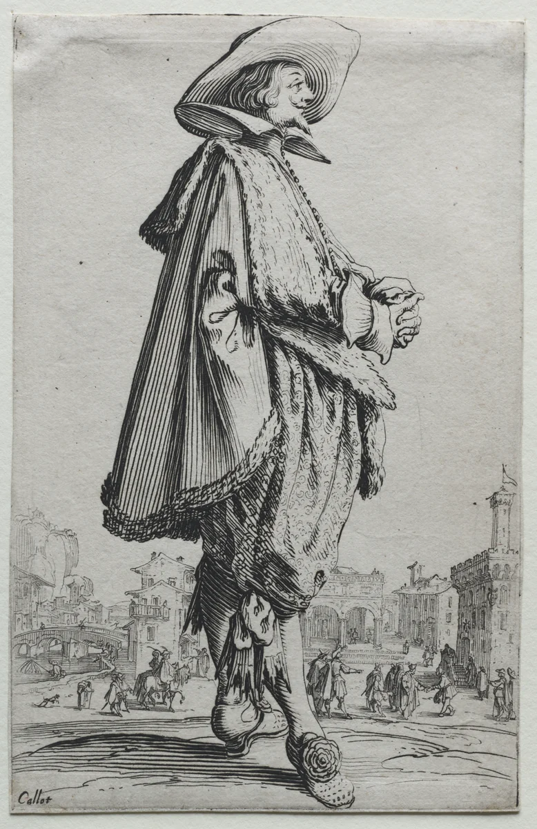 La Noblesse: Gentleman Standing in Profile with Clasped Hands by Jacques Callot, print, 1620-1623