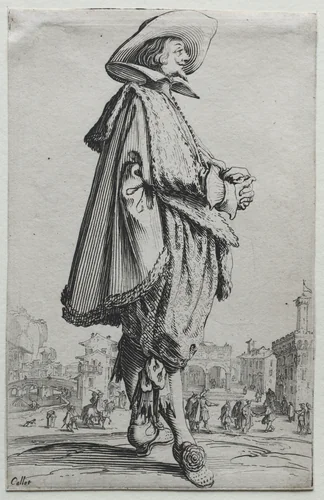 La Noblesse: Gentleman Standing in Profile with Clasped Hands by Jacques Callot, print, 1620-1623
