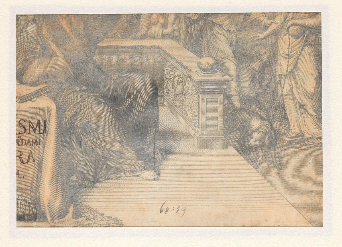 Zittende man en een jongen knielend voor een vrouw by anonymous, print, 1600-1731