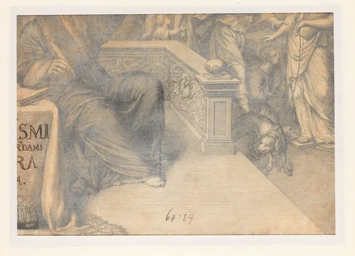 Zittende man en een jongen knielend voor een vrouw by anonymous, print, 1600-1731