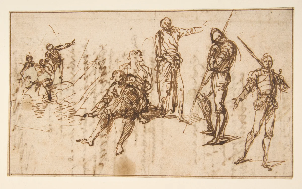 Two Standing Soldiers and Six other Figures by Salvator Rosa, drawing, 1615-1673