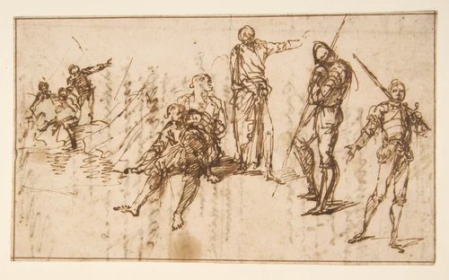 Two Standing Soldiers and Six other Figures by Salvator Rosa, drawing, 1615-1673