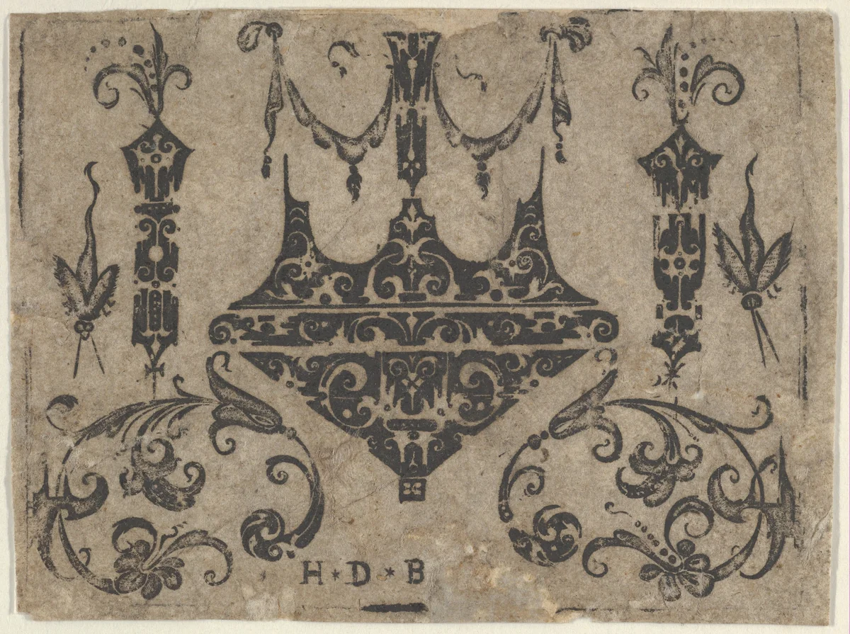 Blackwork Print with Four Ring Bezel Combined with C-Scrolls and Insects by Hans de Bull, print, 1592-1604