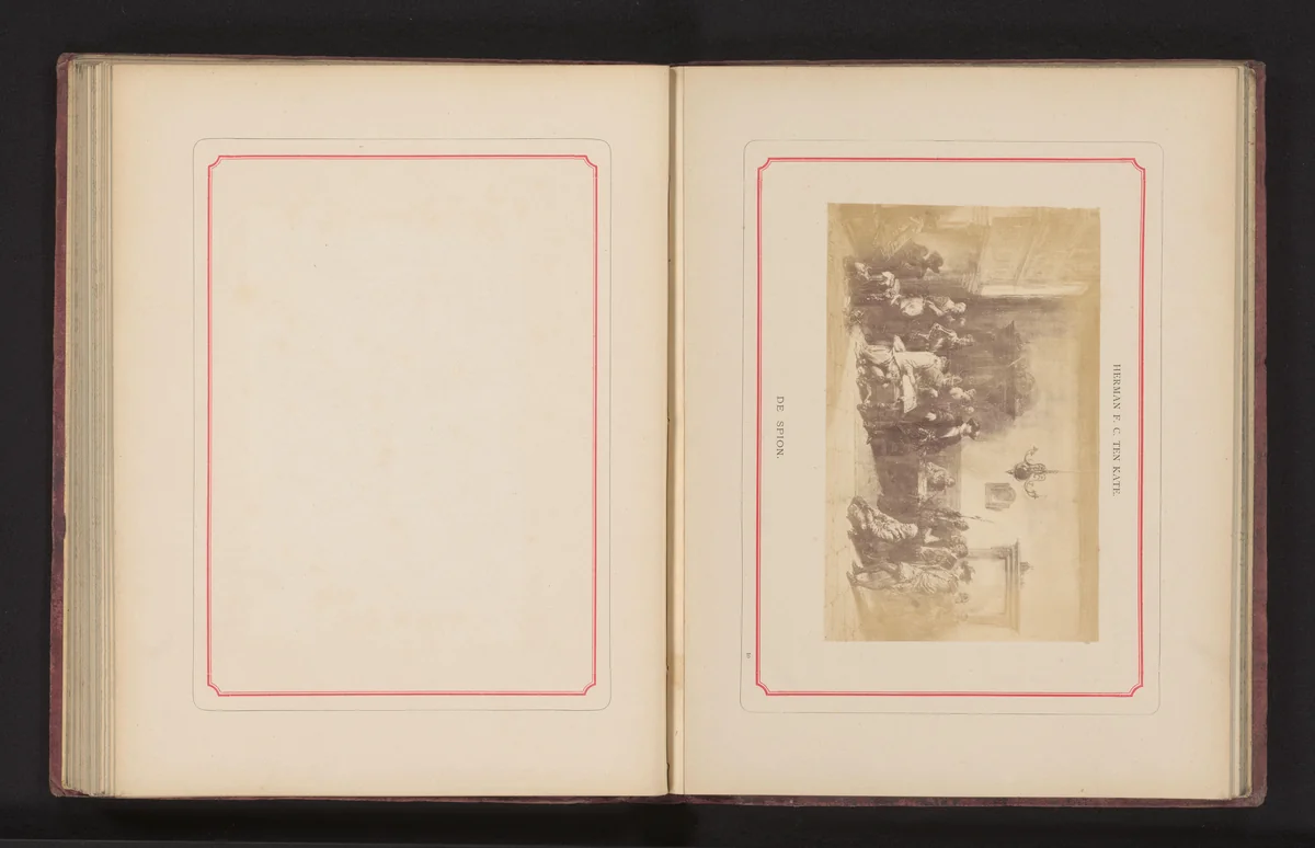 Fotoreproductie van een schilderij, voorstellende een knielende man (vermoedelijk) voor een rechtbank by anonymous, photograph, 1868-1878