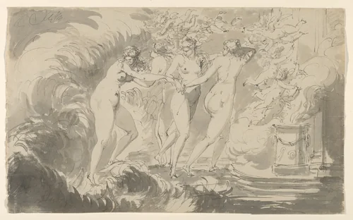 Four Nude Women Surrounded by Putti, Approaching an Altar by Carl August Ehrensvärd, drawing, 1765-1800