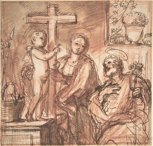 Holy Family in an Interior by anonymous, drawing, 1600-1700