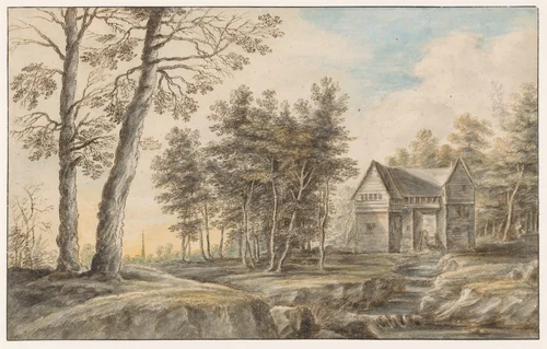 Landschap met een watermolen by Lucas van Uden, drawing, 1605-1673