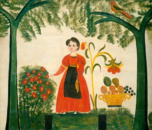 Girl in Red with Flowers and a Distelfink by American 19th Century, painting, 1830
