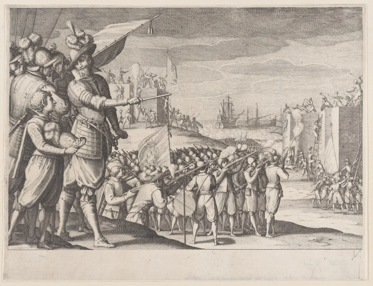 Assaut de Deux Fotresses (The Attack of Two Fortresses), from La Vie de Ferdinand Ier de Médicis série appelée aussi Les Batailles des Médicis (The Life of Ferdinand I de'Medici also called The Medici Battles) by Jacques Callot, print, 1614-1620