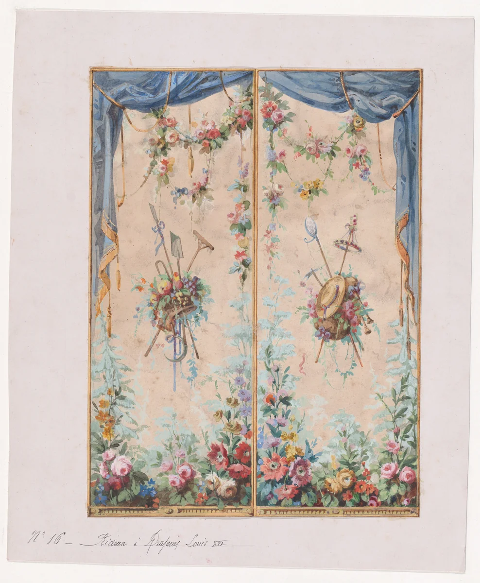 Design for a Valance in the Style of Louis XVI with Bushes and Garlands of Flowers and Containing Two Decorative Bunches of Leaves, Fruits and Flowers Holding Gardening Utensils and a Straw Hat by anonymous, drawing, 1870-1900