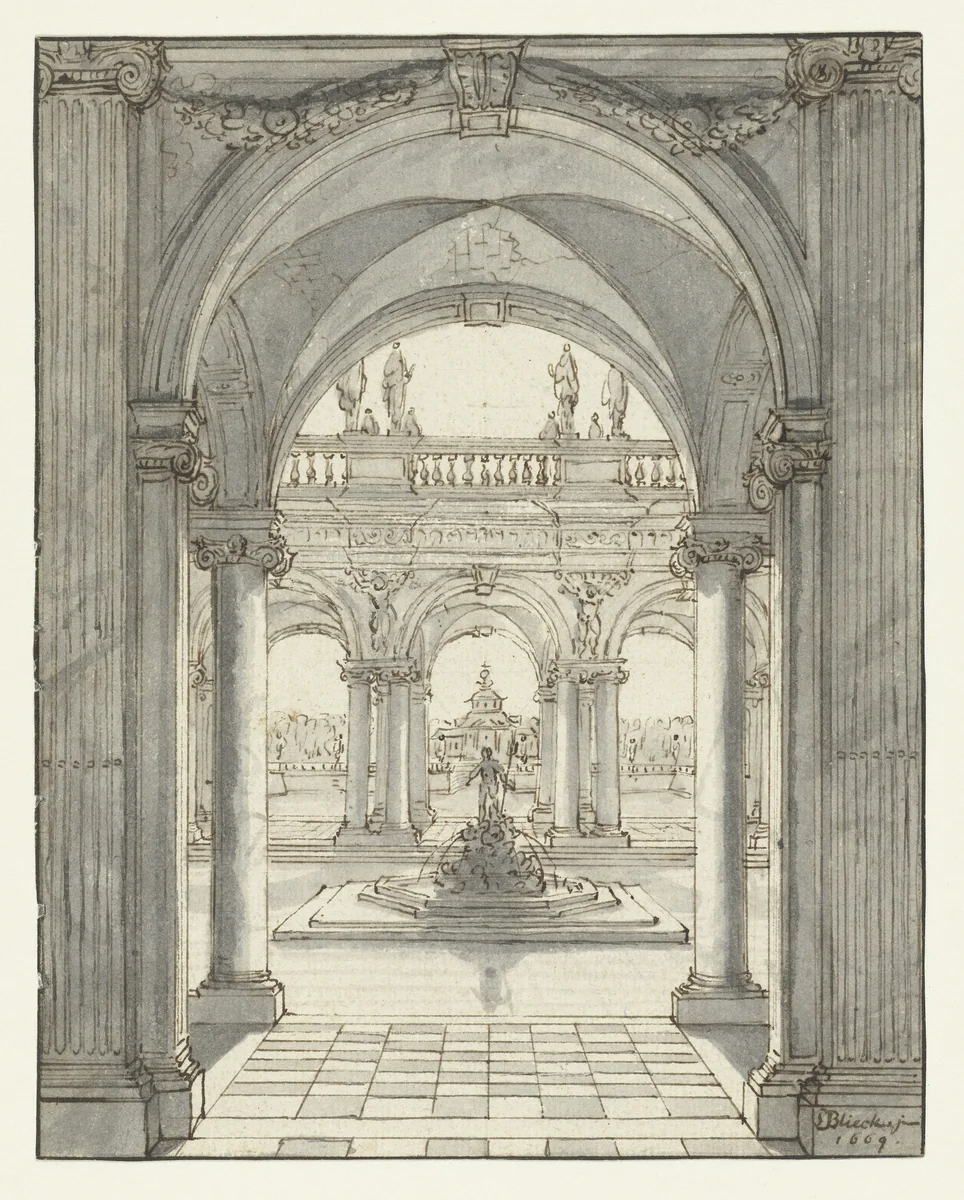 Plein voor een renaissancepaleis by Daniël de Blieck, drawing, 1669