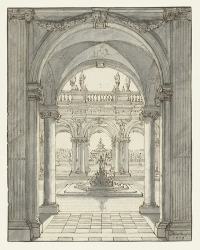 Plein voor een renaissancepaleis by Daniël de Blieck, drawing, 1669