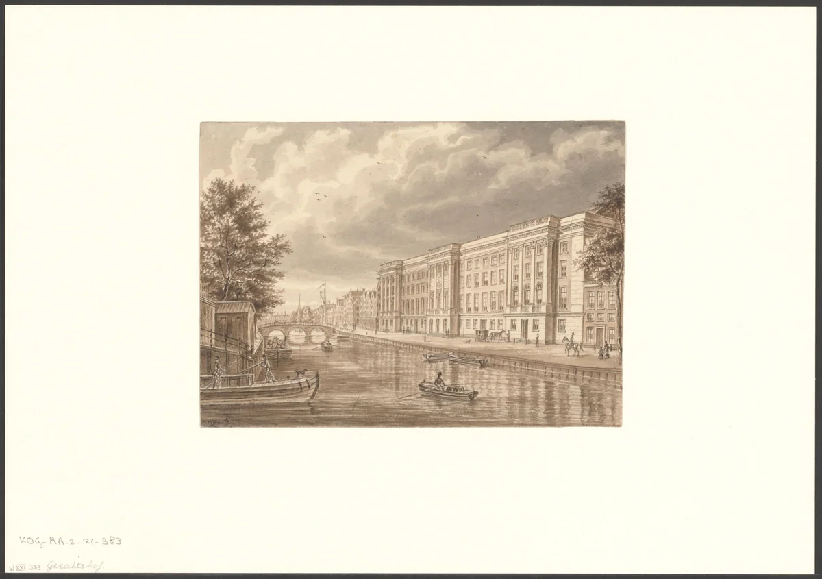 Gezicht op het Paleis van Justitie aan de Prinsengracht by Augustus Wijnantz, drawing, 1805-1848