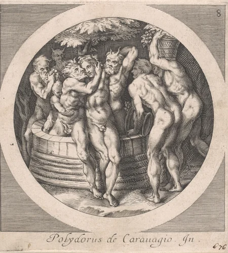 Bacchus omgeven door Saters by Unknown, print, 1590-1600