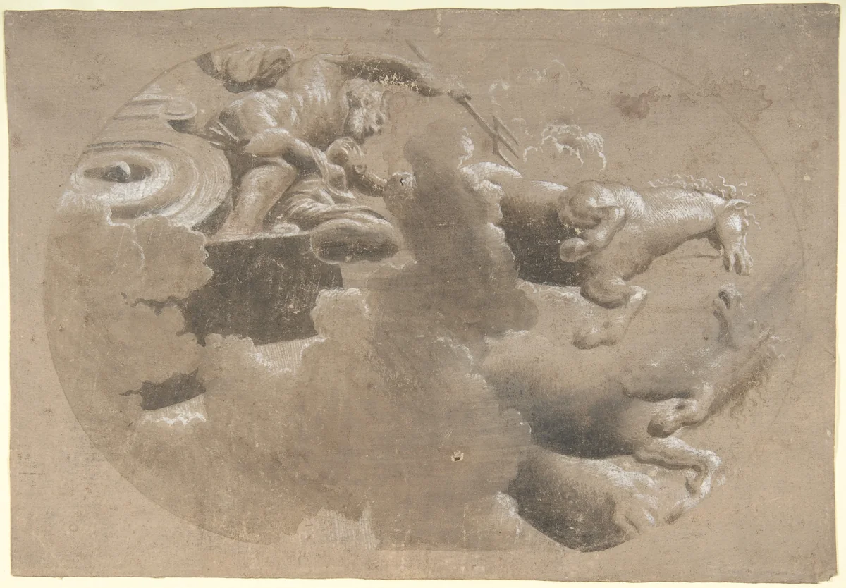 Design for a Ceiling: Male Figure with a Trident and Another Figure in a Horse Drawn Chariot by anonymous, drawing, 1500-1600