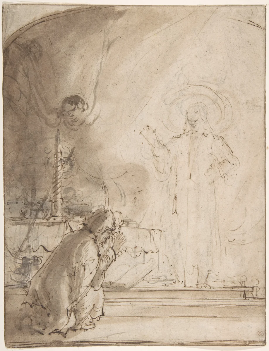 Zacharias and the Angel by Rembrandt van Rijn, drawing, 1606-1669