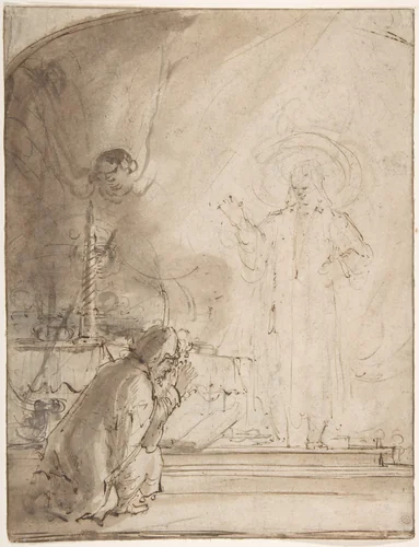 Zacharias and the Angel by Rembrandt van Rijn, drawing, 1606-1669