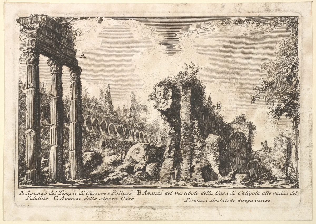 Remains of the Temple of Castor and Pollux . . . (Avanzo del Tempio di Castore e Polluce . . .) by Giovanni Battista Piranesi, print, 1735-1778