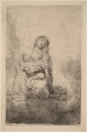 Virgin and Child in the Clouds by Rembrandt van Rijn, print, 1641