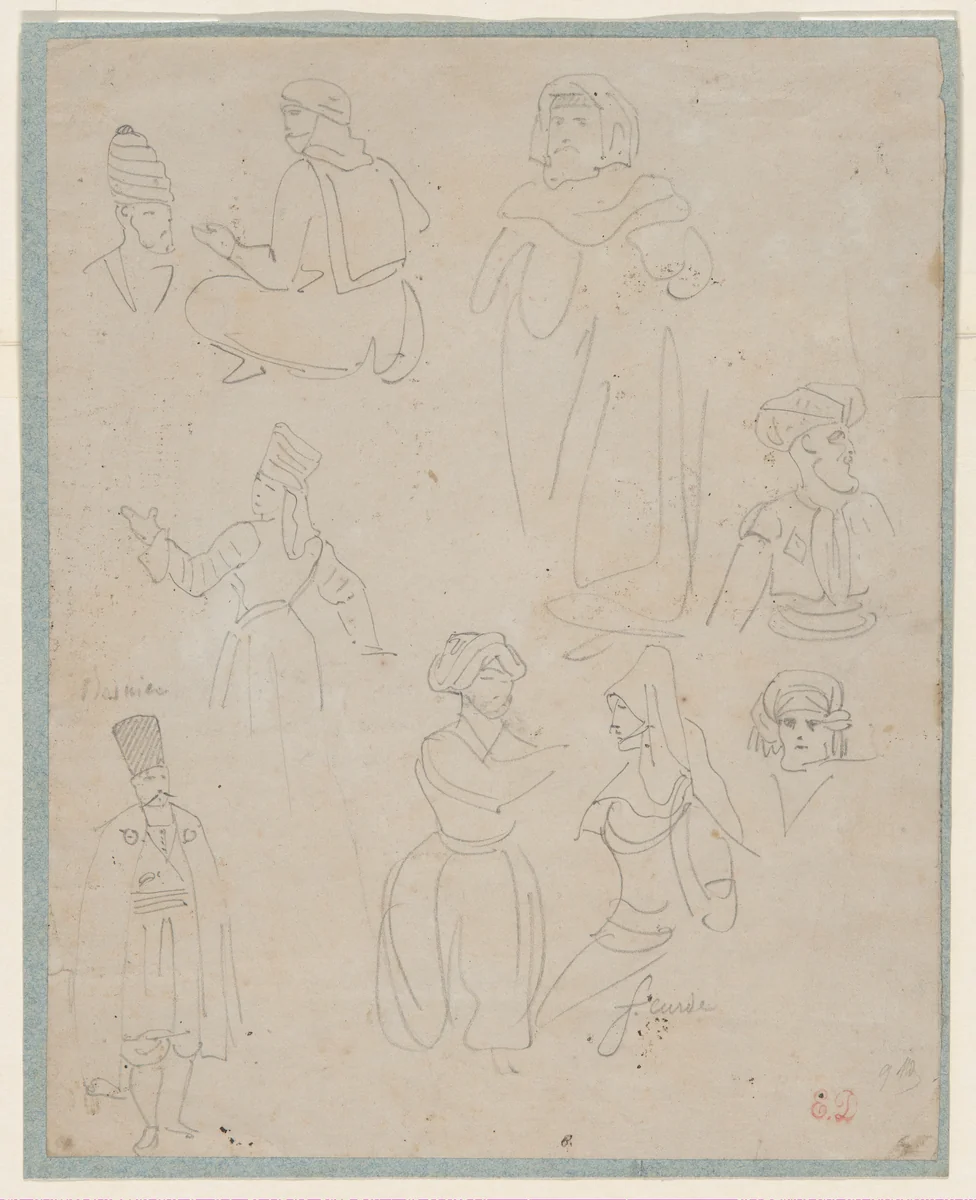 Nine Studies of Arab Men and Women by Eugène Delacroix, drawing, 1817-1827