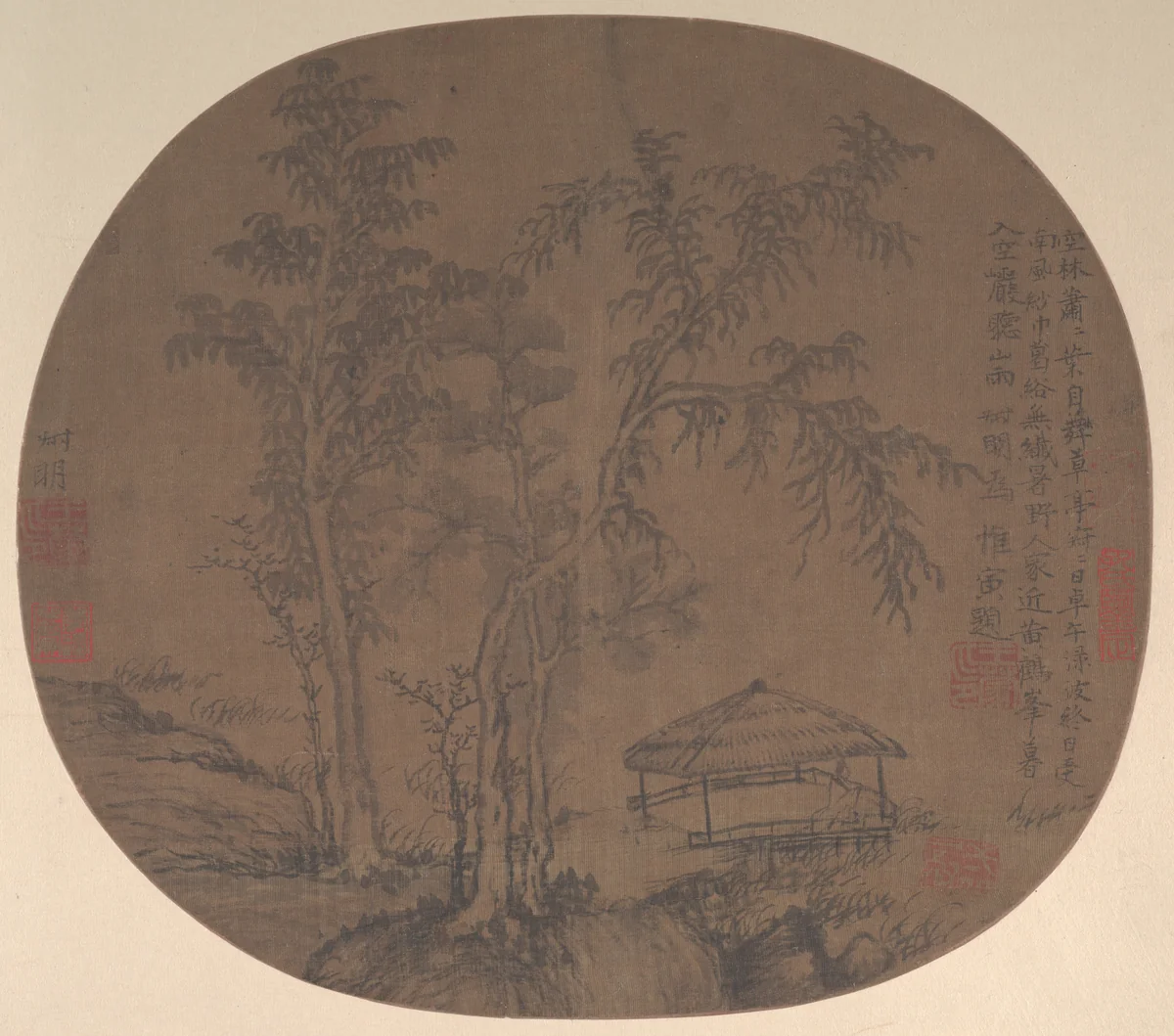 Sparse trees and pavilion by Wang Meng (王蒙), painting, 1356-1359