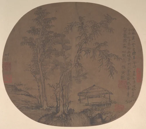 Sparse trees and pavilion by Wang Meng (王蒙), painting, 1356-1359