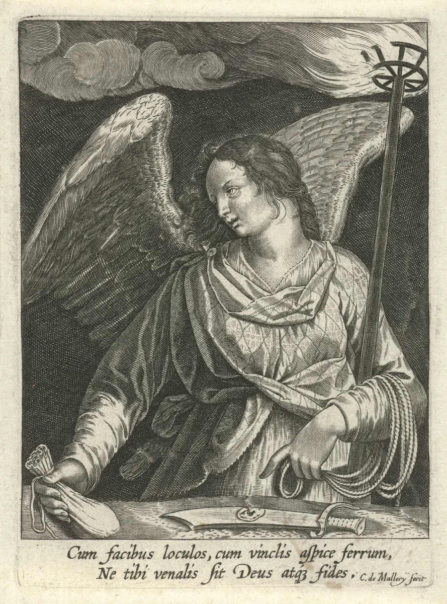 Engel met de beurs van Judas en het zwaard van Petrus by Unknown, print, 1581-1645