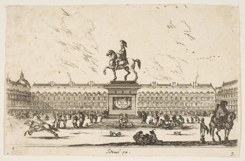 La Place Royale, equestrian statue of Louis XIII in profile facing the left in center, various horsemen and figures in background, plate 3 from "Various Figures" (Agréable diversité de figures) by Stefano della Bella, print, 1642