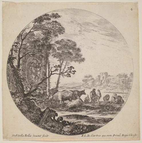 Landscape with Roman Ruins by Stefano della Bella, print, 1646