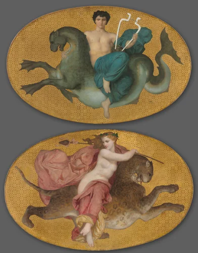 Arion on a Sea Horse and Bacchante on a Panther (pair) by William-Adolphe Bouguereau, painting, 1855