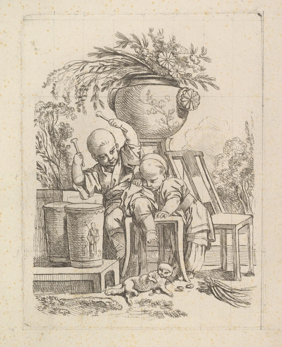 Two Children, One Playing the Drum by Louis Antoine Crozat, print, 1700-1770