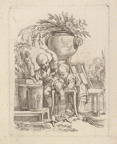 Two Children, One Playing the Drum by Louis Antoine Crozat, print, 1700-1770