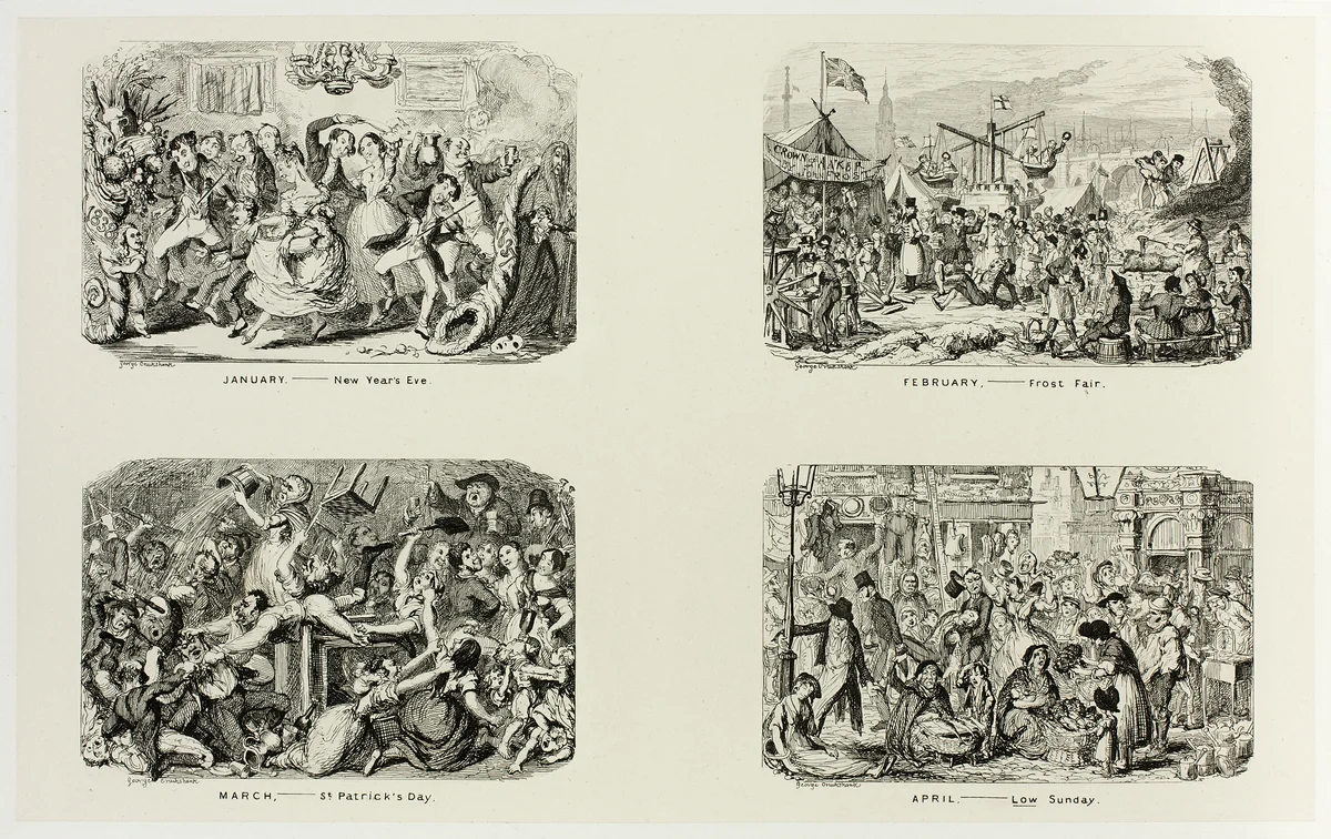 January – New Year's Eve from George Cruikshank's Steel Etchings to The Comic Almanacks: 1835-1853 (top left) by George Cruikshank, print, 1838