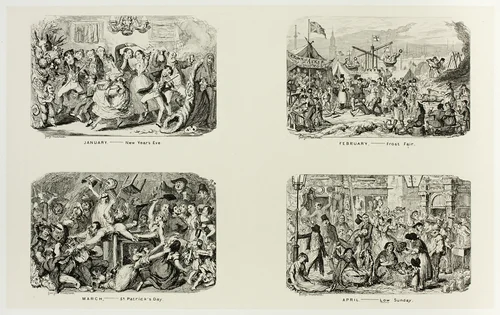 January – New Year's Eve from George Cruikshank's Steel Etchings to The Comic Almanacks: 1835-1853 (top left) by George Cruikshank, print, 1838