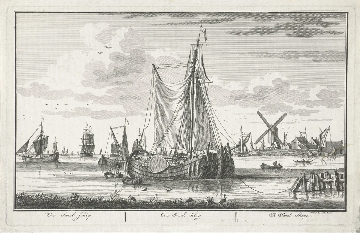 Platbodem op het water by Adolf van der Laan, print, 1728-1761