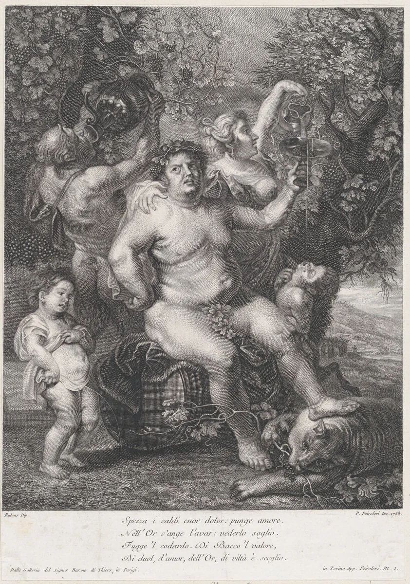 Bacchus seated on a barrel in front of grapevines, with bacchantes, satyrs, and children surrounding him by Pietro Peiroleri, print, 1758
