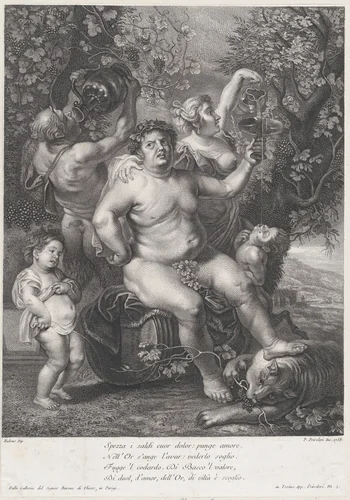 Bacchus seated on a barrel in front of grapevines, with bacchantes, satyrs, and children surrounding him by Pietro Peiroleri, print, 1758