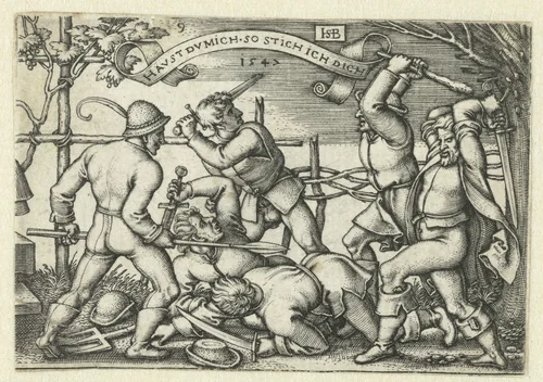 Vechtende boeren met zwaarden by Unknown, print, 1547