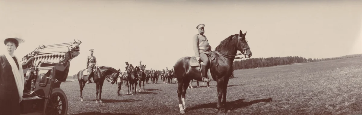 Colonel Barano on Horseback, Grand Duchess Olga Alexandrovna Beside Car, Gatchino by Unidentified Photographer, photograph, 1909