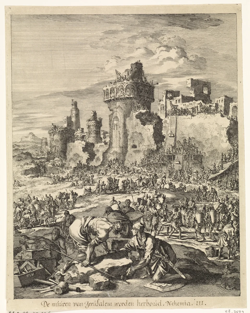 Herbouw van de muren van Jeruzalem by Jan Luyken, print, 1708