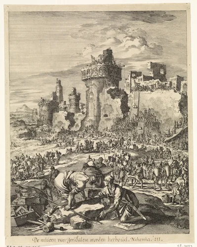 Herbouw van de muren van Jeruzalem by Jan Luyken, print, 1708