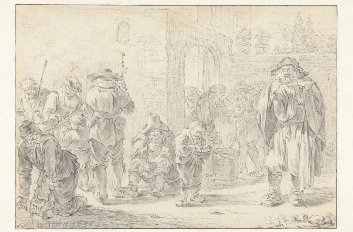 Spijsuitdeling aan pelgrims en bedelaars bij een kloosterpoort by Andries Both, drawing, 1636