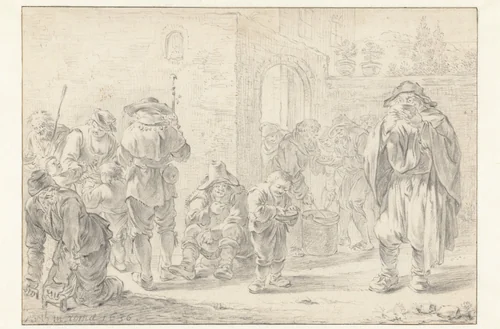 Spijsuitdeling aan pelgrims en bedelaars bij een kloosterpoort by Andries Both, drawing, 1636