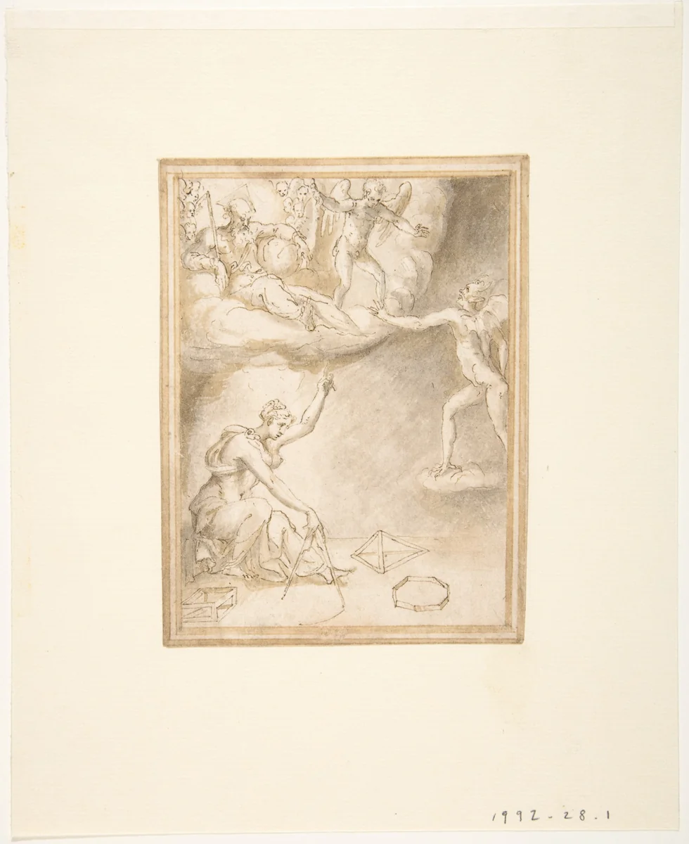 An Allegory: Female Figure with a Compass, God the Father Seated on Clouds, and a Demon by Prospero Fontana, drawing, 1512-1597