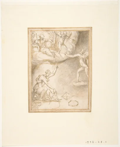 An Allegory: Female Figure with a Compass, God the Father Seated on Clouds, and a Demon by Prospero Fontana, drawing, 1512-1597