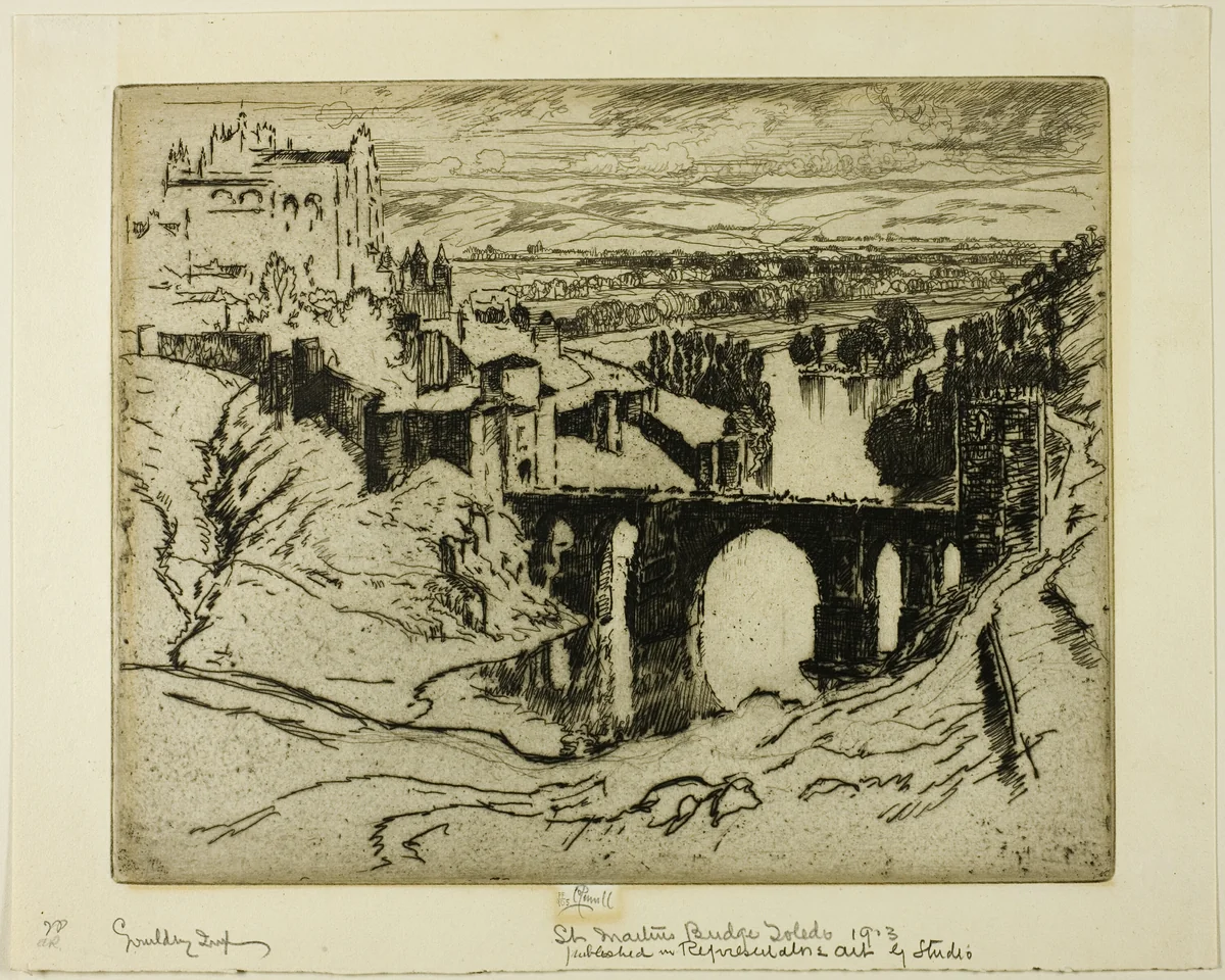 St. Martins Bridge, Toledo by Joseph Pennell, print, 1904