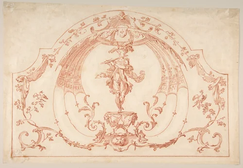 Design for a Decorative Panel with a Flutist (recto); Design for molding (verso) by Gilles Marie Oppenord, drawing, 1695-1705
